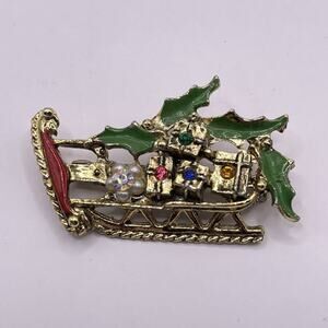 Vintage Christmas Sled Santa's Sleigh Pin Brooch Presents Enamel Rhinestone Gold